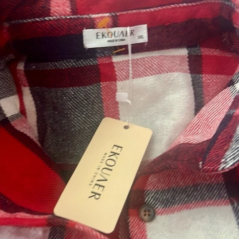 NWT Ekouaer,Buffalo Plaid Flannel Pajama Set,Drawstring Shorts,Button-Up Top,XXL